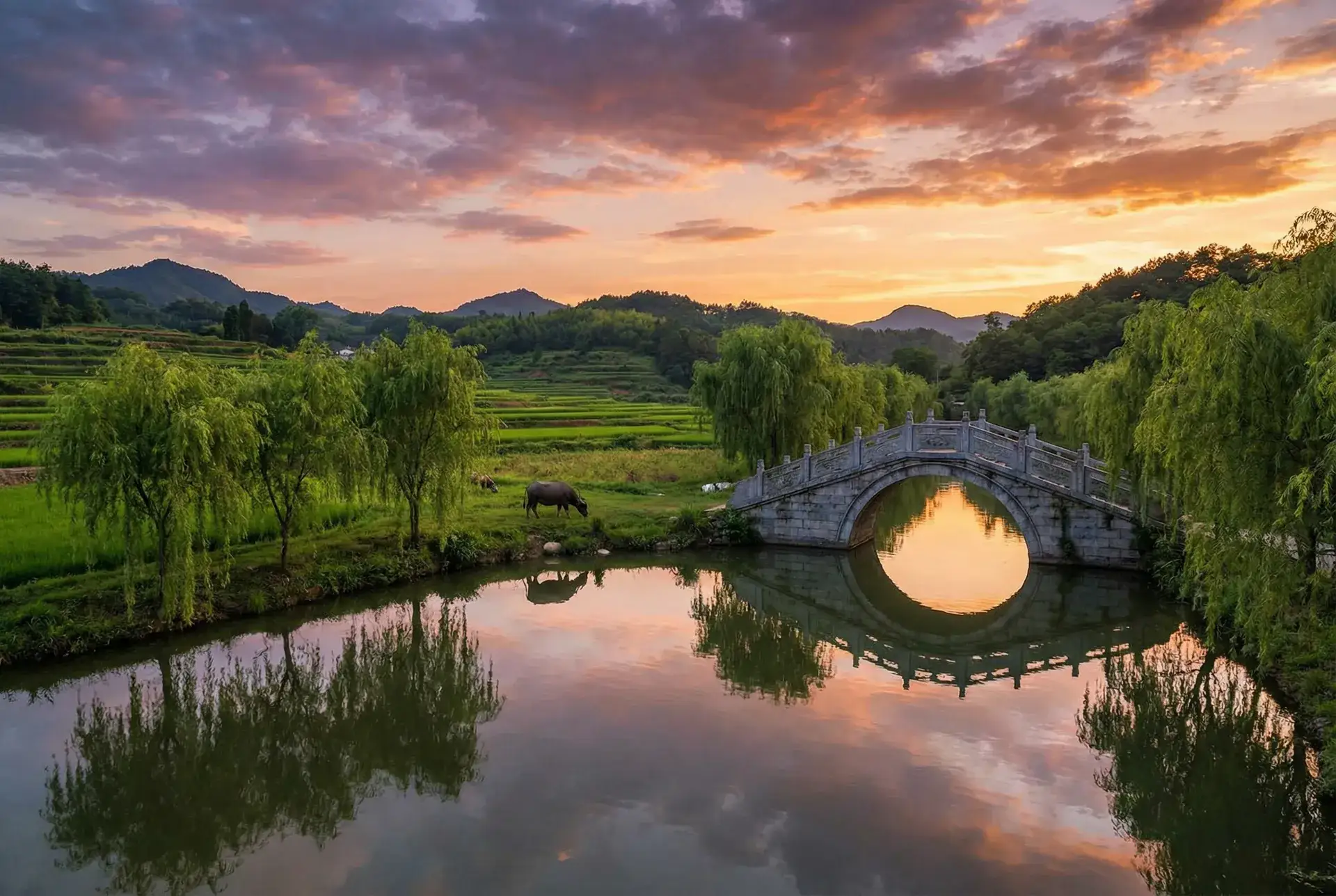 夕阳下的石拱桥与垂柳，水牛在河边吃草 - 海角社区在线观看 乡村美景
